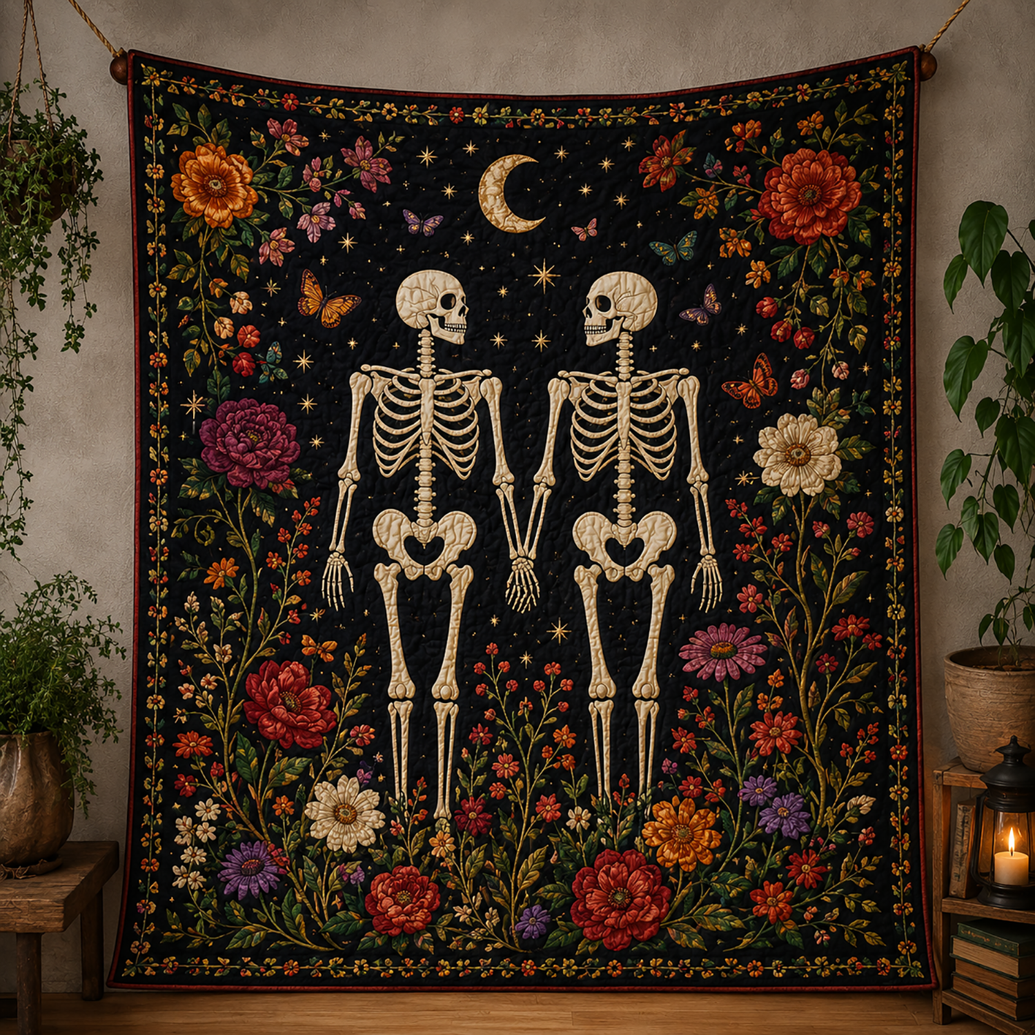 Halloween Skeleton Skull Quilt Blanket Spooky Witch Hat Wall Hanging Halloween Throw Gift