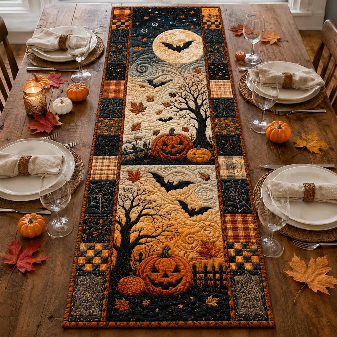 Halloween Spooky Autumn Quilt Table Runner Pumpkin Cat Ghost Merch Gift For Hostess
