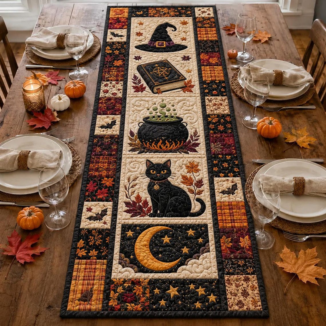 Halloween Spooky Dark Quilt Table Runner Pumpkin Cat Ghost Bat Merch Gift For Friends