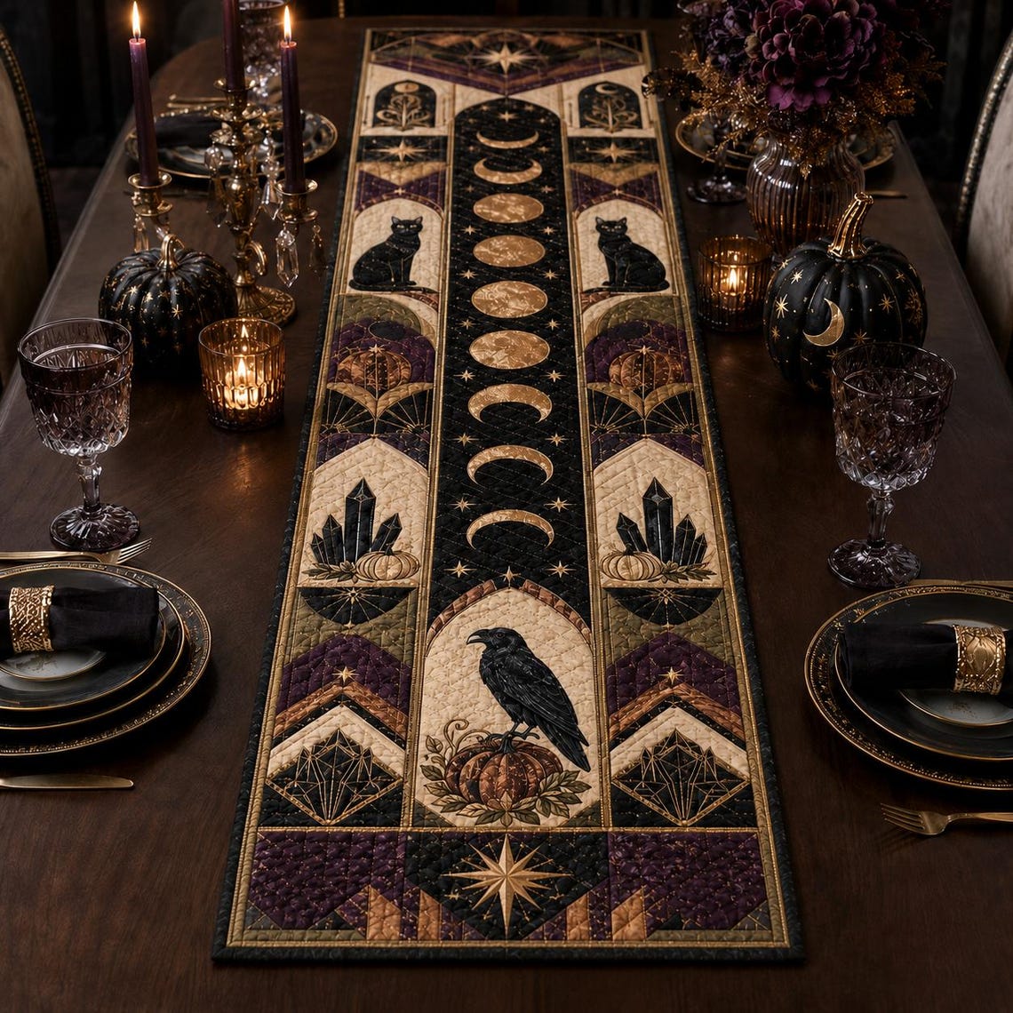 Halloween Spooky Night Quilt Table Runner Pumpkin Cat Ghost Merch Gift For Coworkers