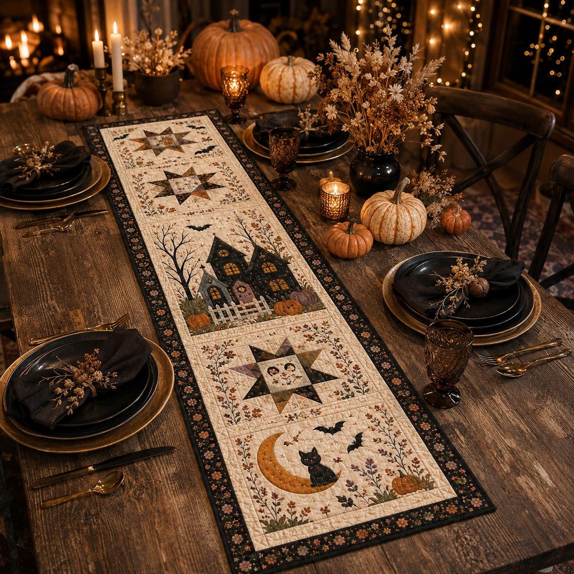 Halloween Spooky Night Quilt Table Runner Pumpkin Cat Ghost Merch Gift Ideas For Coworkers