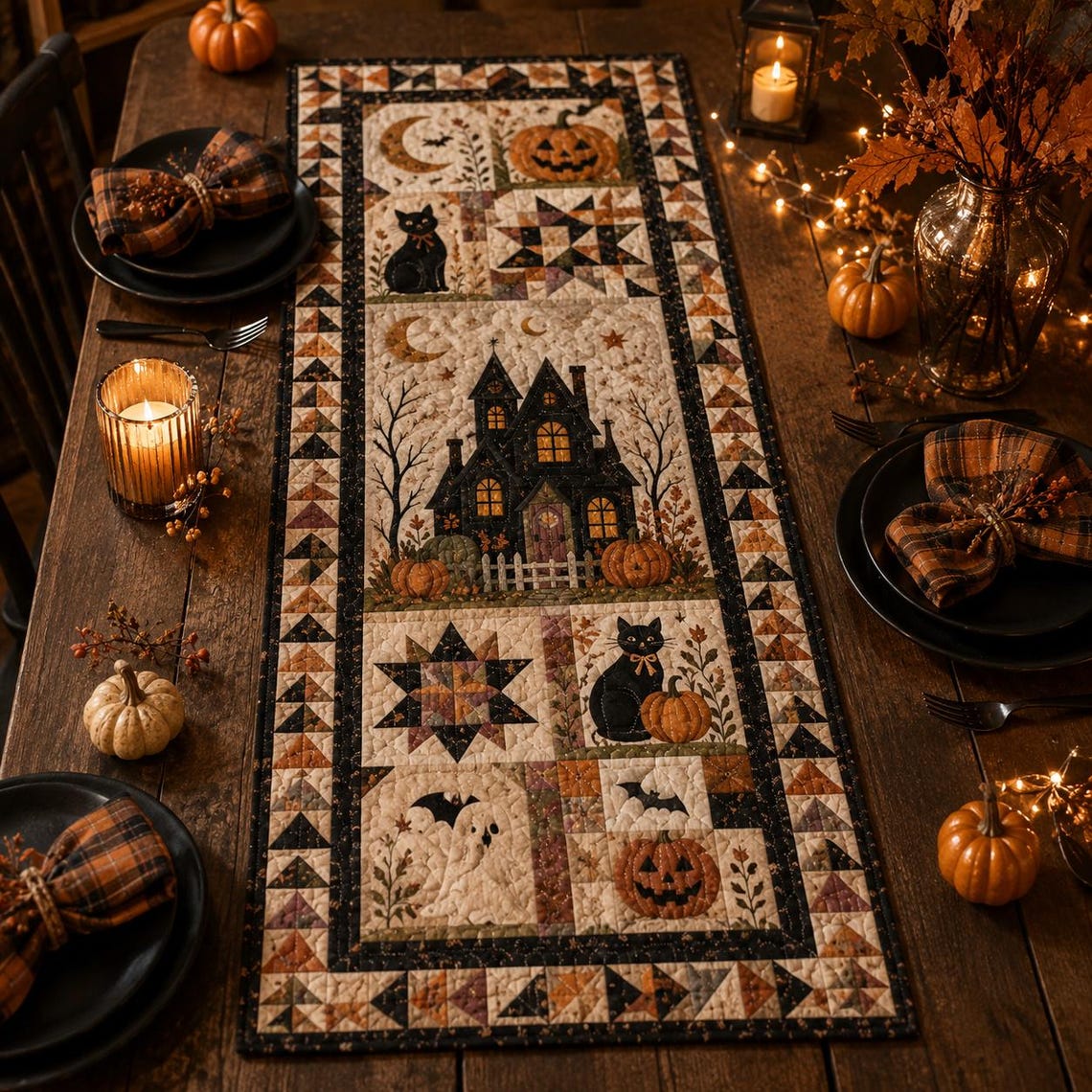 Halloween Spooky Quilt Table Runner Pumpkin Cat Ghost Bat Decor Merch Gift For Home