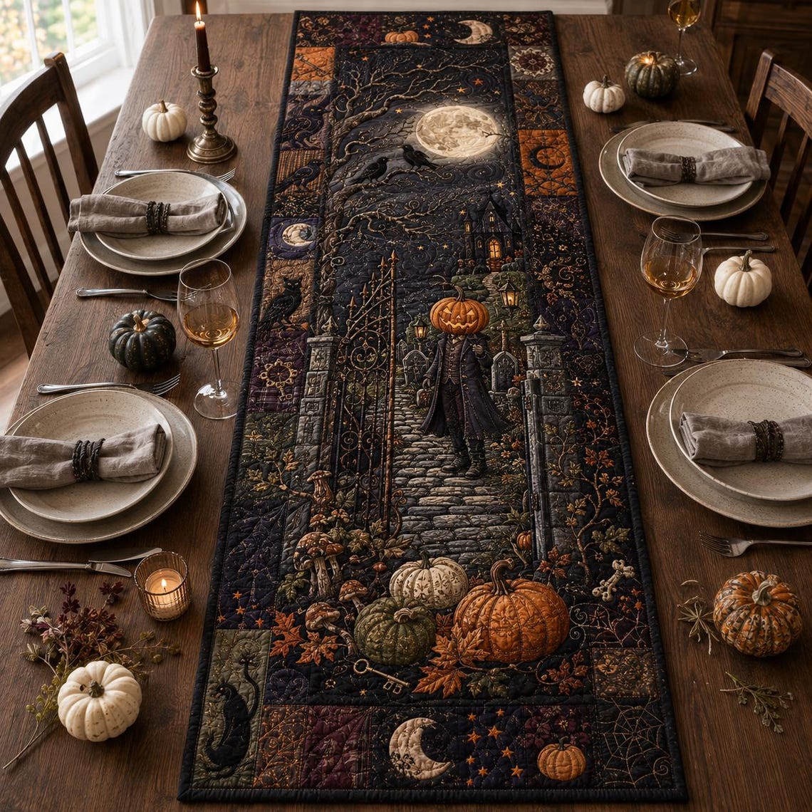 Halloween Spooky Quilt Table Runner Pumpkin Home Decor Merch Gift For Hostess