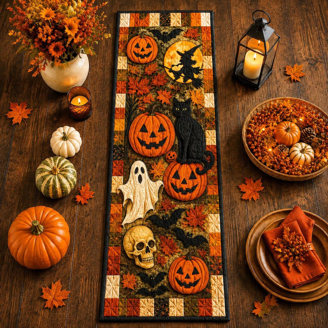 Halloween Thanksgiving Pumpkin Quilt Table Runner Ghost Black Cat Dining Table Fan Gift