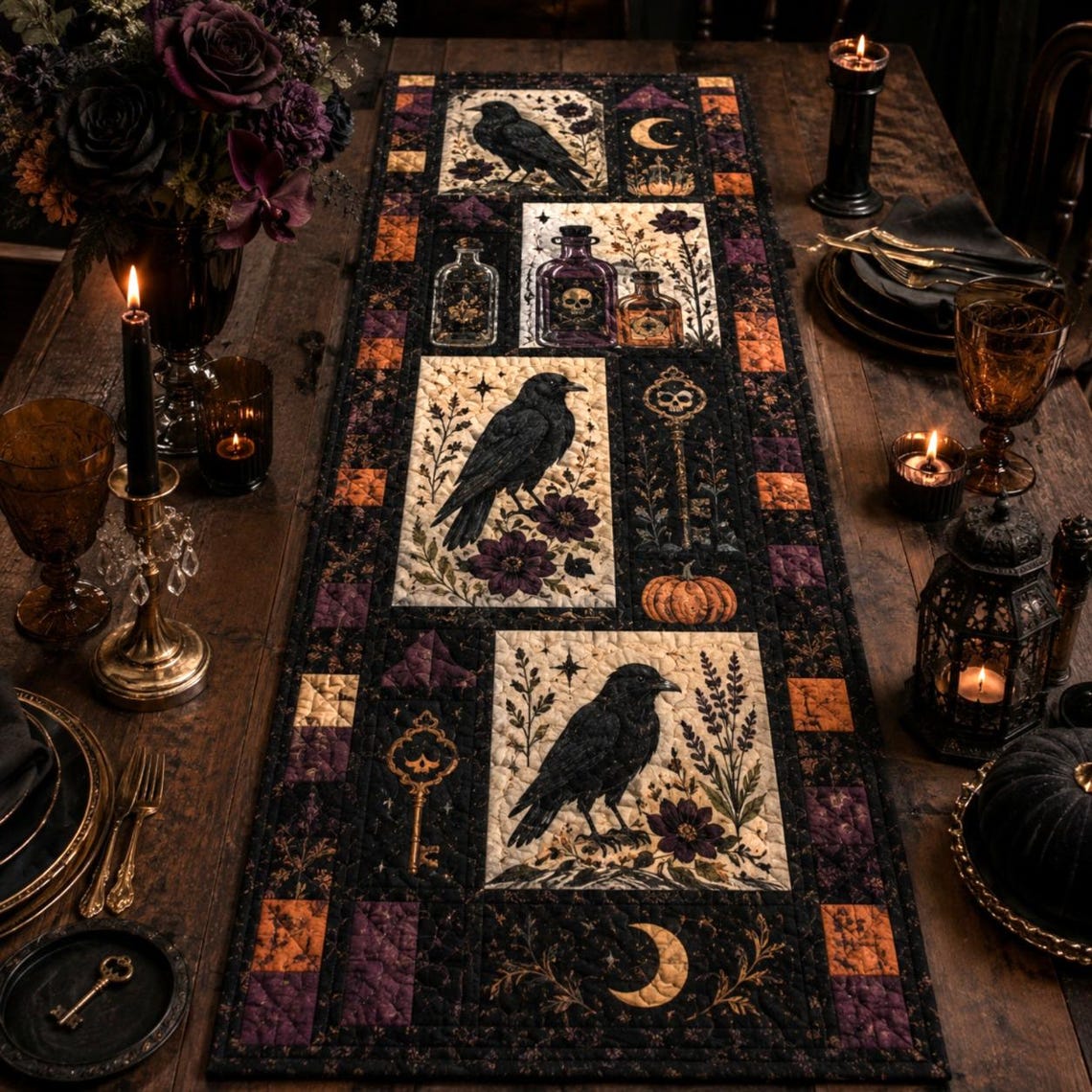 Halloween Vintage Fall Quilt Table Runner Pumpkin Cat Ghost Bat Merch Gift For Family