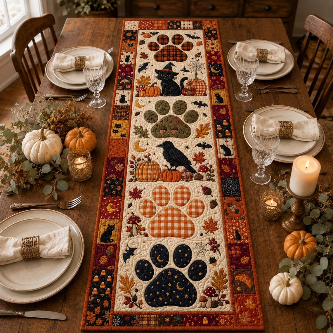 Halloween Witch Cat Quilt Table Runner Paw Decor Merch Gift For Pet Lovers
