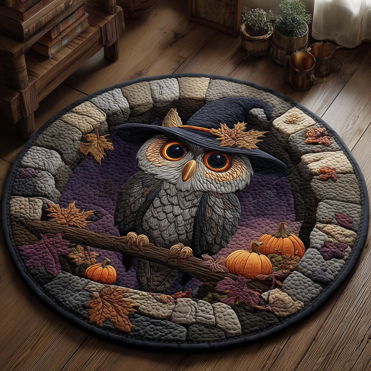 Halloween Witch Owl Quilted Round Mat Owl Witch Pumpkins Merch Spooky Gifts For Her
