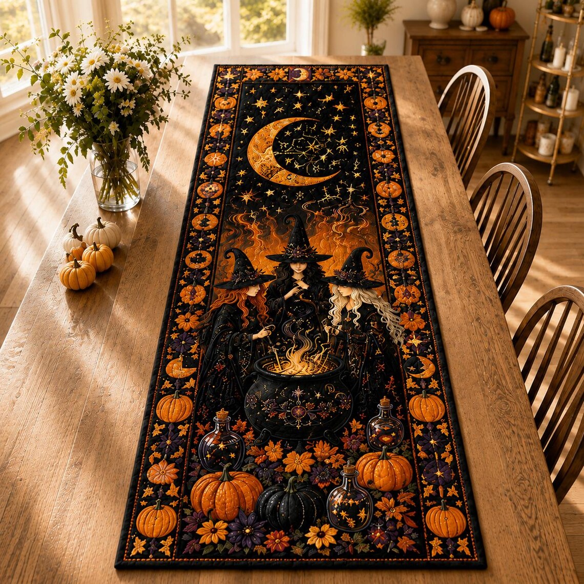Halloween Witch Quilt Table Runner Cauldron Moon Runner Spooky Witchy Gift