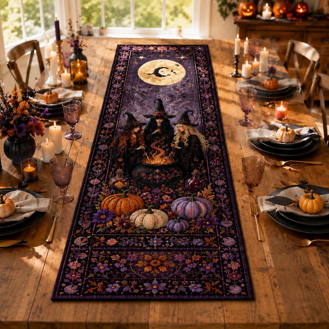 Halloween Witch Quilt Table Runner Cauldron Moon Spooky Decor Merch Gift For Autumn