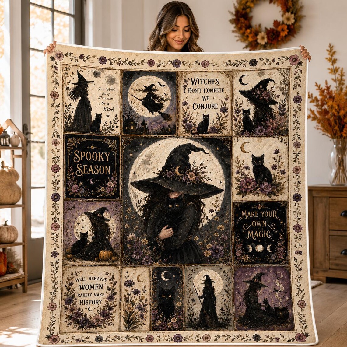 Halloween Witch Quilted Blanket Black Cat Witch Throw Blanket Gothic Decor Gift