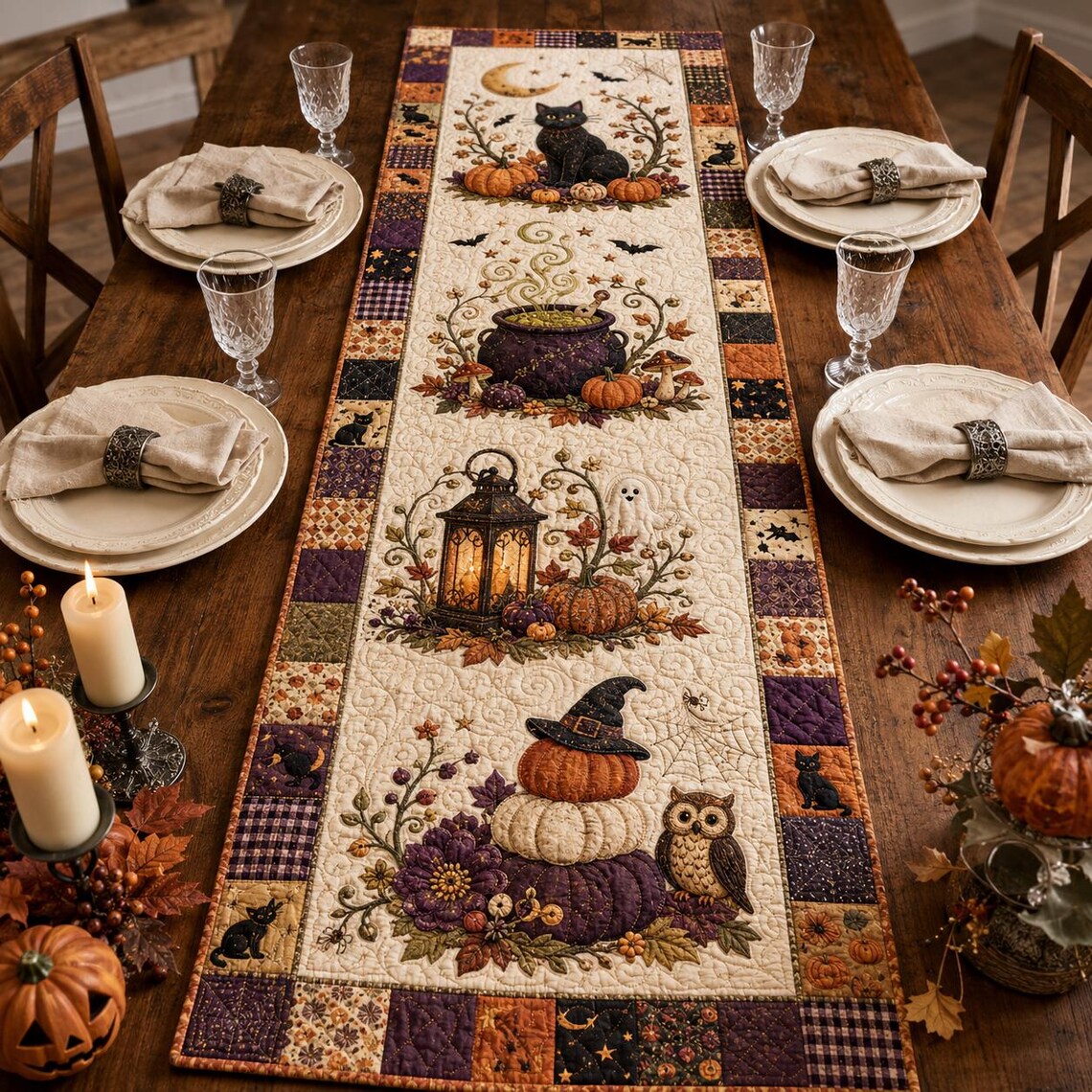 Halloween Witchy Quilt Table Runner Fall Autumn Decor Merch Gift For New Home