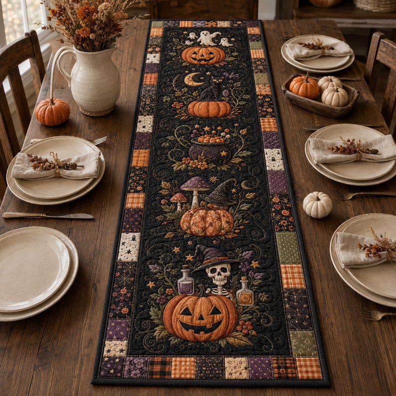 Halloween Witchy Quilt Table Runner Pumpkin Holiday Merch Gift For Coworkers