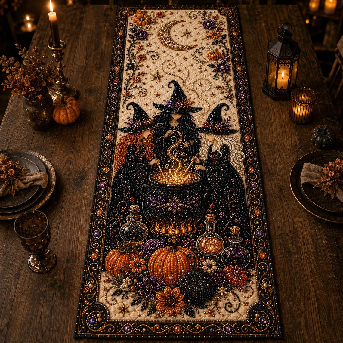 Halloween Witchy Quilt Table Runner Witch Black Cat Cauldron Merch Gift For Teachers