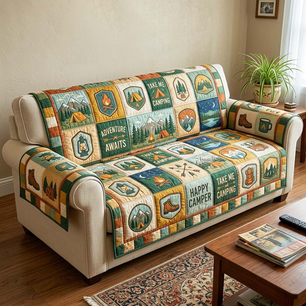 Happy Camper Quilted Sofa Cover Cabin Camping Couch Cover Home Gift For Him