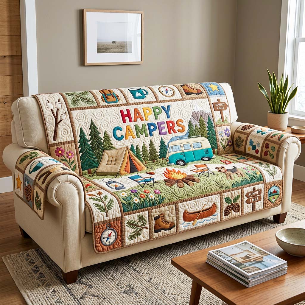 Happy Campers Quilted Sofa Cover Camp Life Couch Cover Top Decor Gift