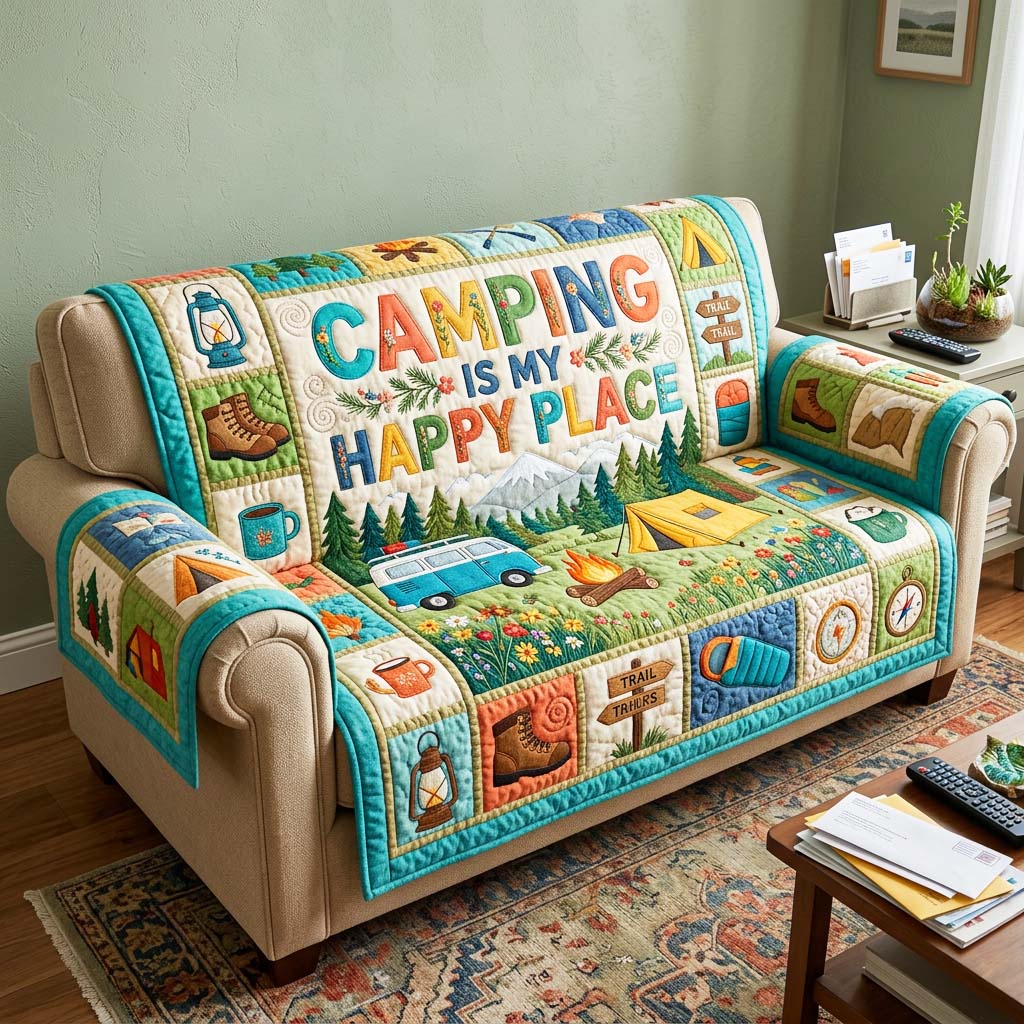 Happy Camping Quilted Sofa Cover Camping Spirit Couch Cover Home Lover Gift