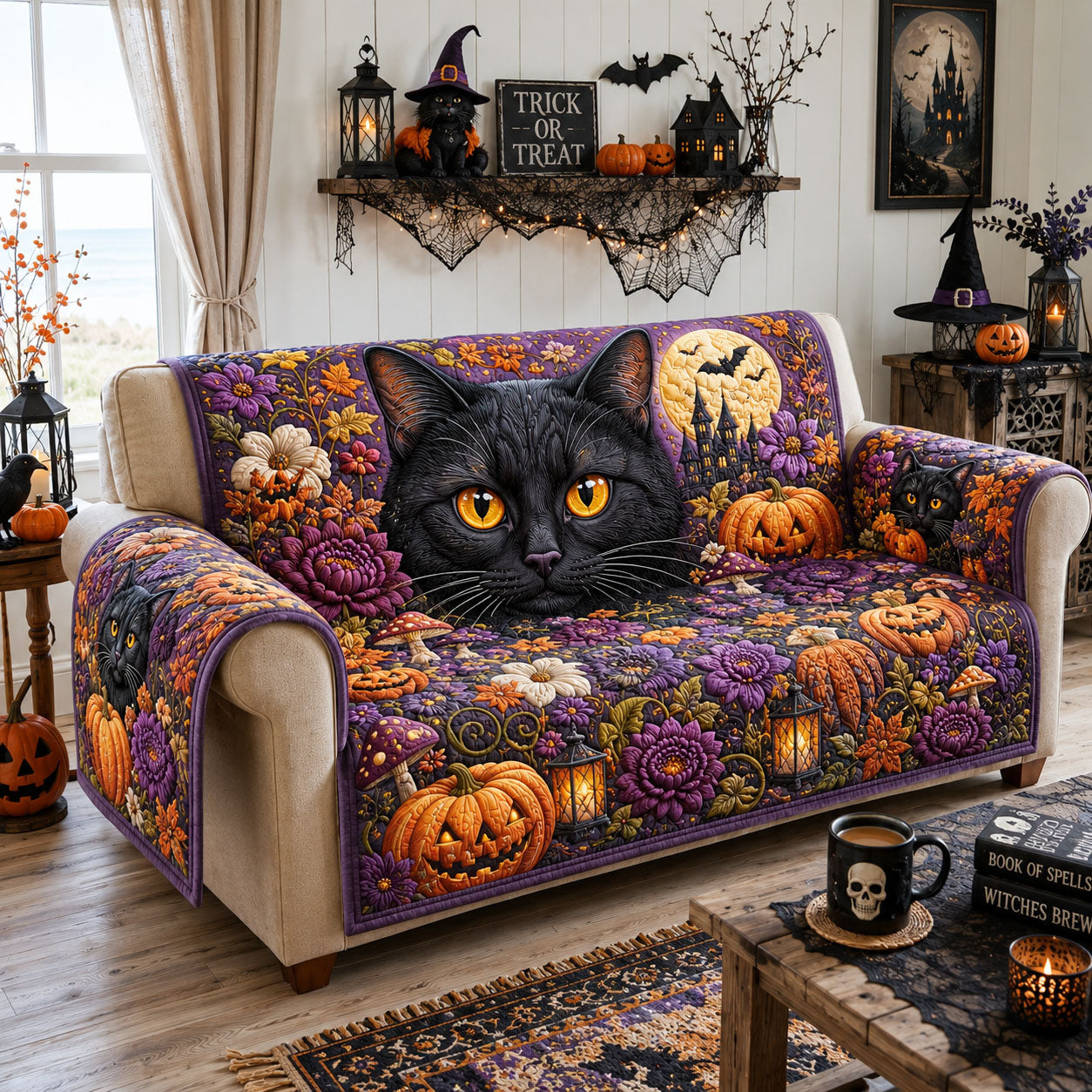Harvest Moon Cat Quilted Sofa Cover Moonlit Night Couch Cover Home Gift For Him