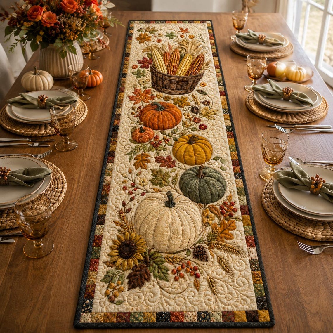 Harvest Pumpkin Quilt Table Runner Fall Autumn Decor Merch Gift For Friends