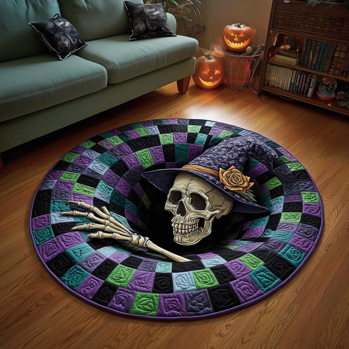 Haunted Bone Quilted Round Mat Halloween Skull Hat Merch Spooky Birthday Gifts Her