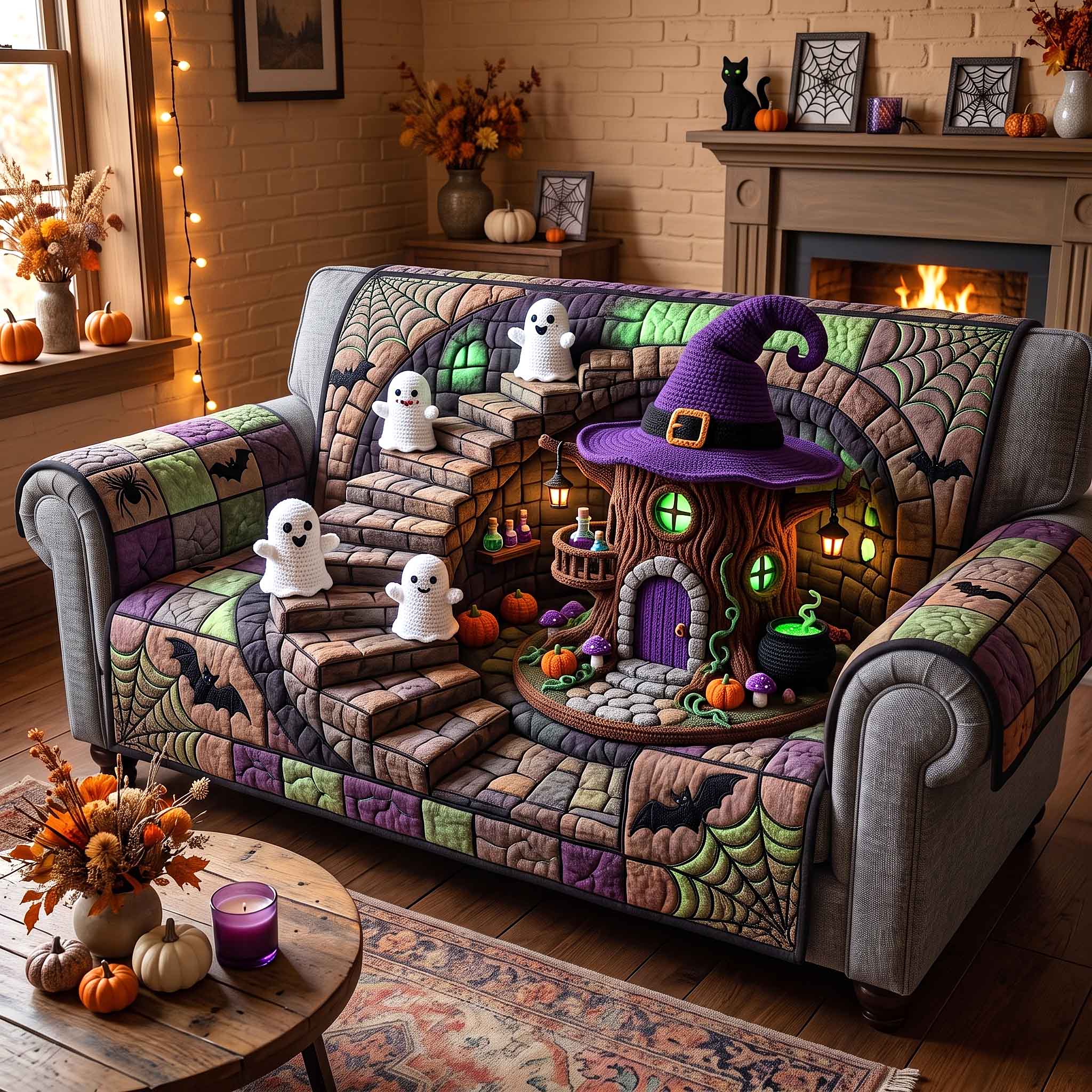 Haunted Crochet Manor Quilted Sofa Cover Halloween Night Couch Cover Present For House Lovers