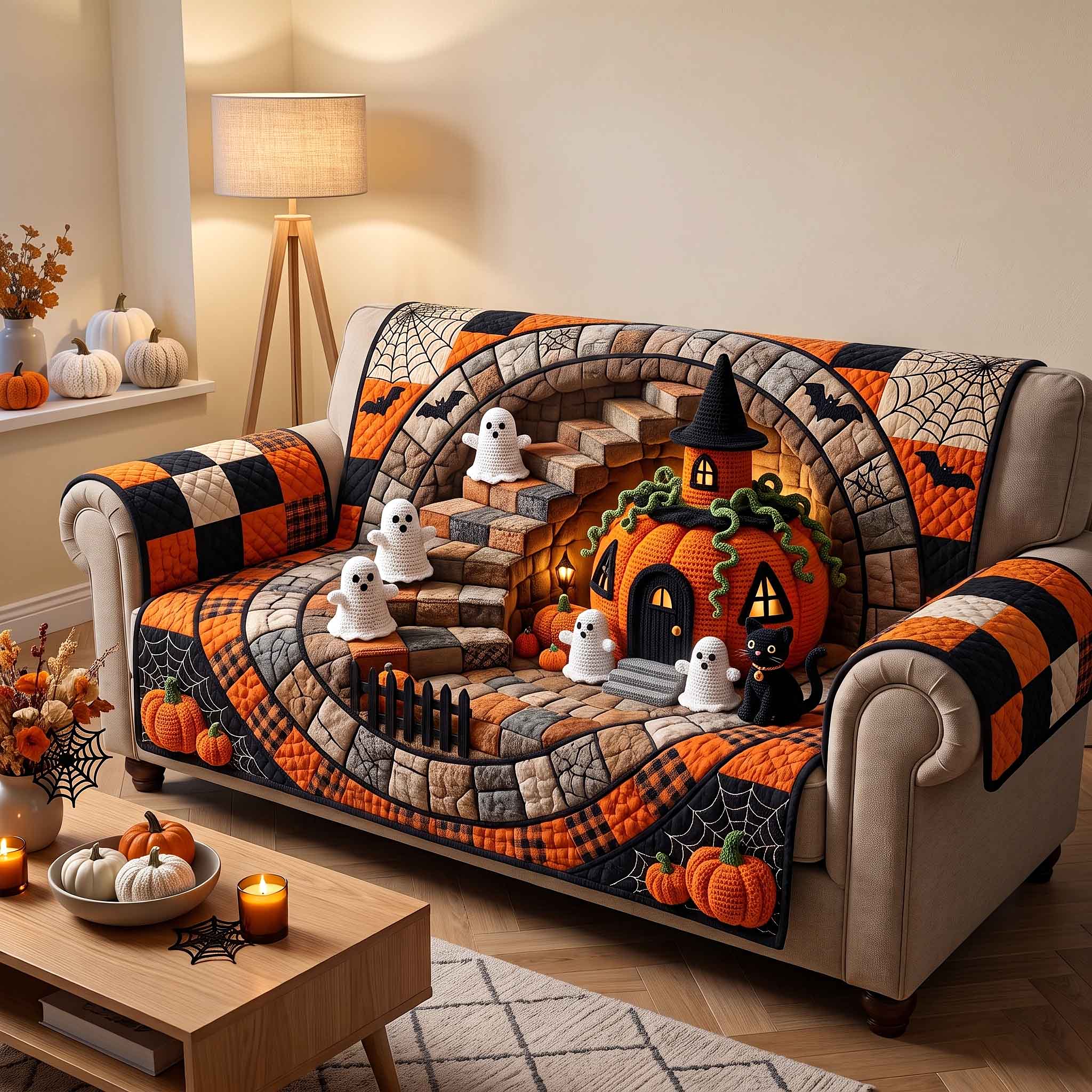 Haunted Crochet Manor Quilted Sofa Cover Haunted Halloween Couch Cover Present For Home Lovers