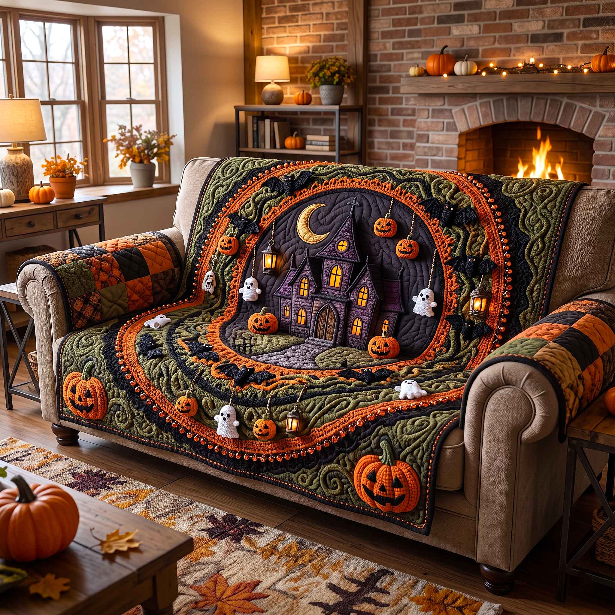 Haunted Crochet Manor Quilted Sofa Cover Spooky Halloween Couch Cover Gift For Home Decorators