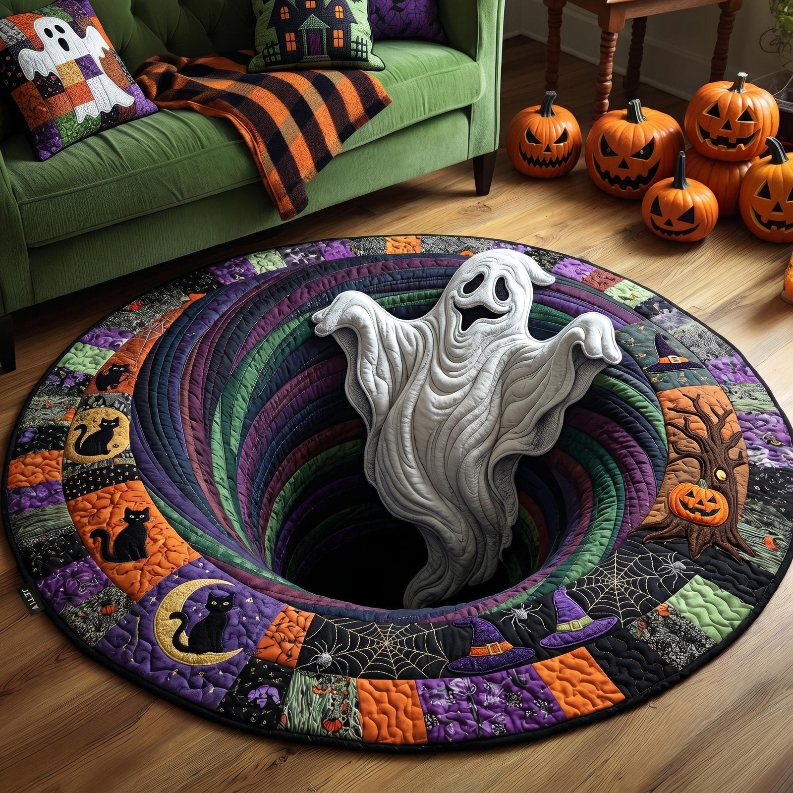 Haunted Ghost Halloween Quilted Round Mat Ghost Hole Round Rug Unique Halloween Room Gifts