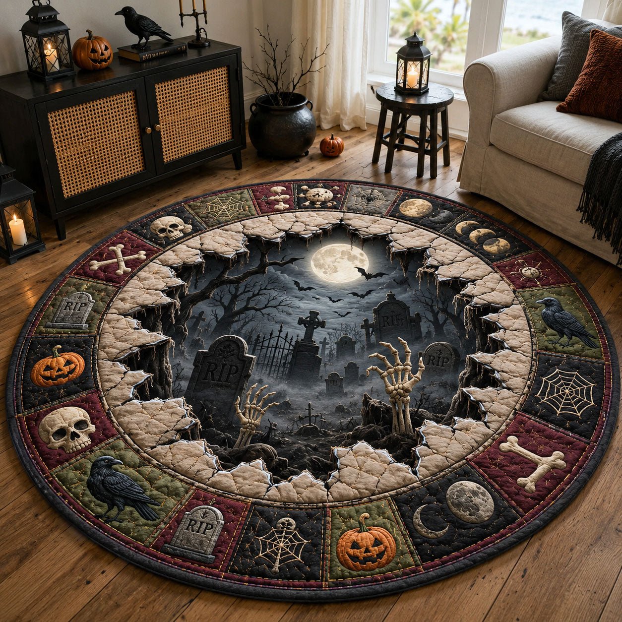 Haunted Graveyard Moonlight Quilted Round Mat Halloween Graveyard Moon Merch Gift For Halloween