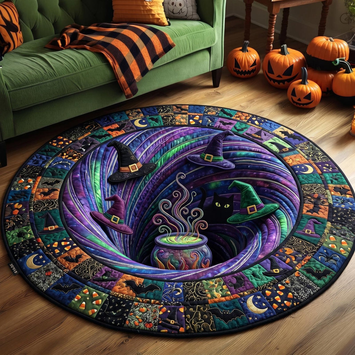 Haunted Halloween Quilted Round Mat Black Cat Cauldron Merch Aesthetic Halloween Gifts Friends