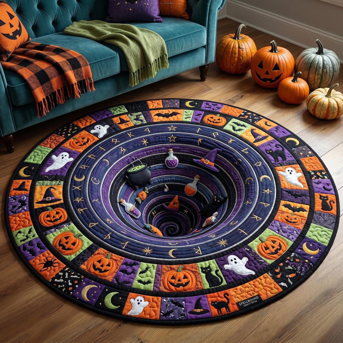 Haunted Halloween Quilted Round Mat Halloween Black Cat Merch Halloween Home Decor Ideas