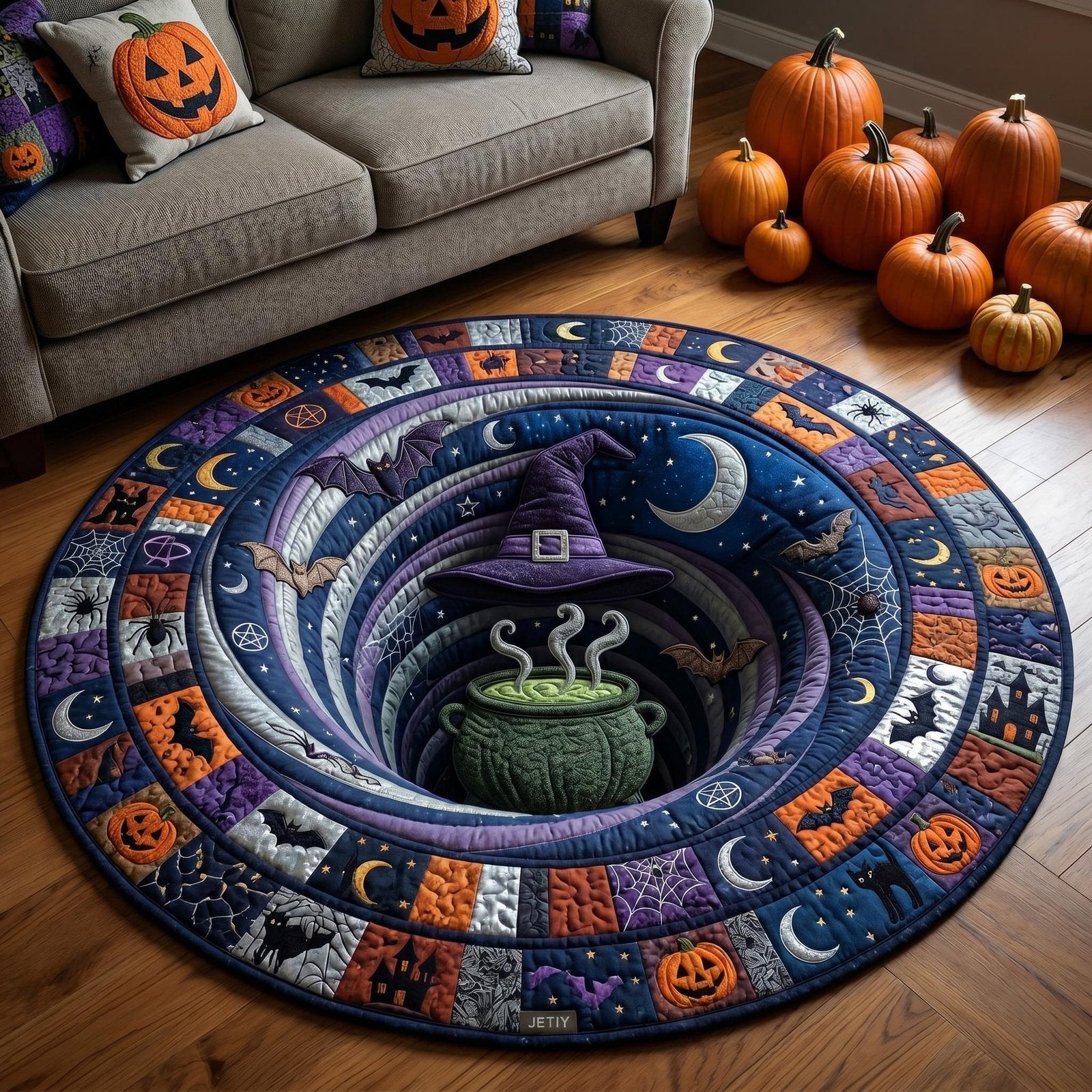 Haunted Halloween Quilted Round Mat Witch Hat Cauldron Round Rug Cool Spooky Gifts Guys