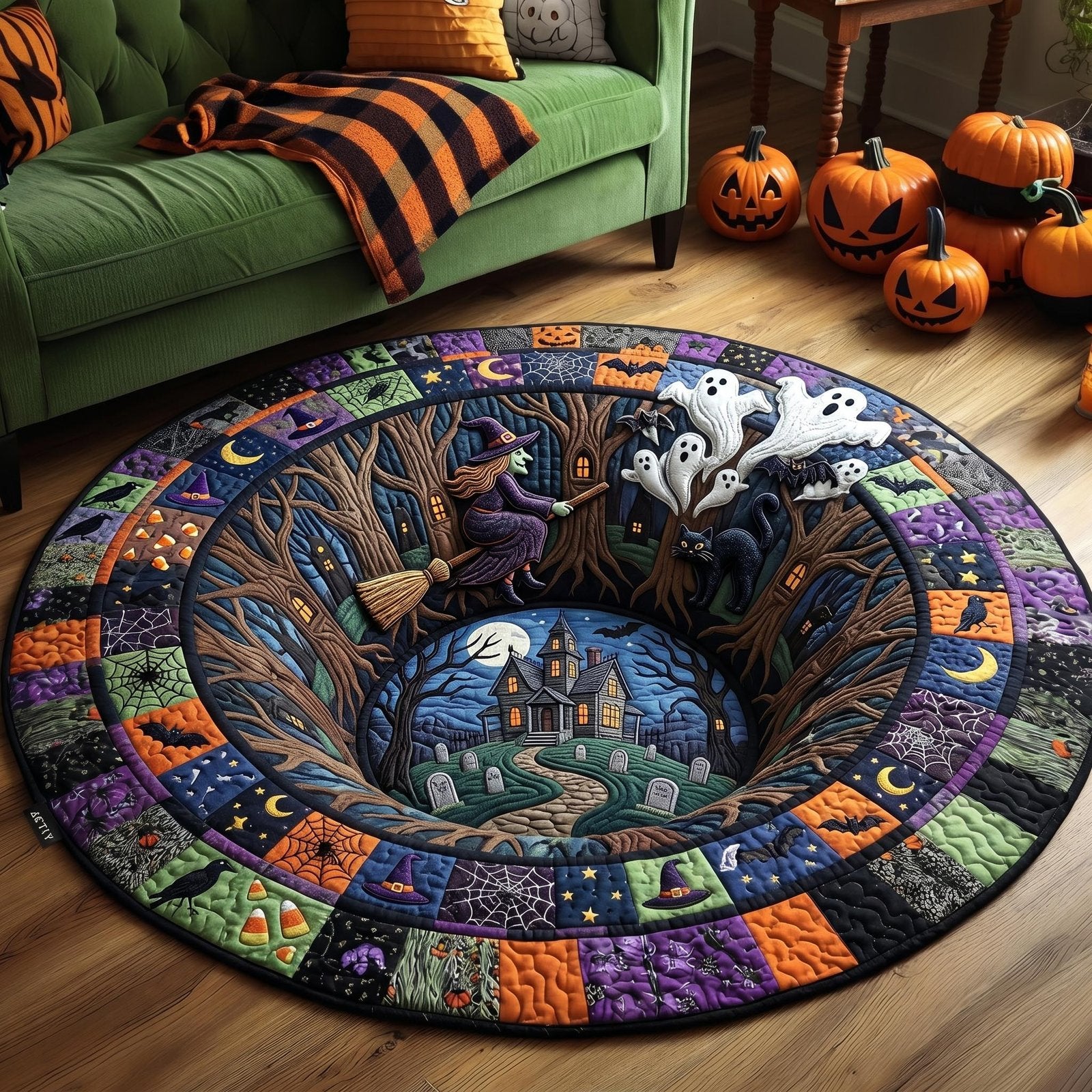 Haunted Halloween Quilted Round Mat Witch Haunted House Merch Halloween Room Decor Ideas