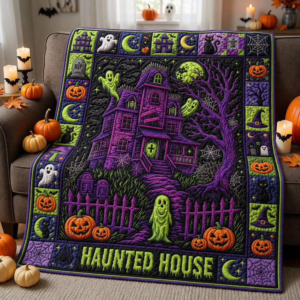 Haunted House Quilted Blanket Haunted House Ghosts Merch Gift For Home Decor