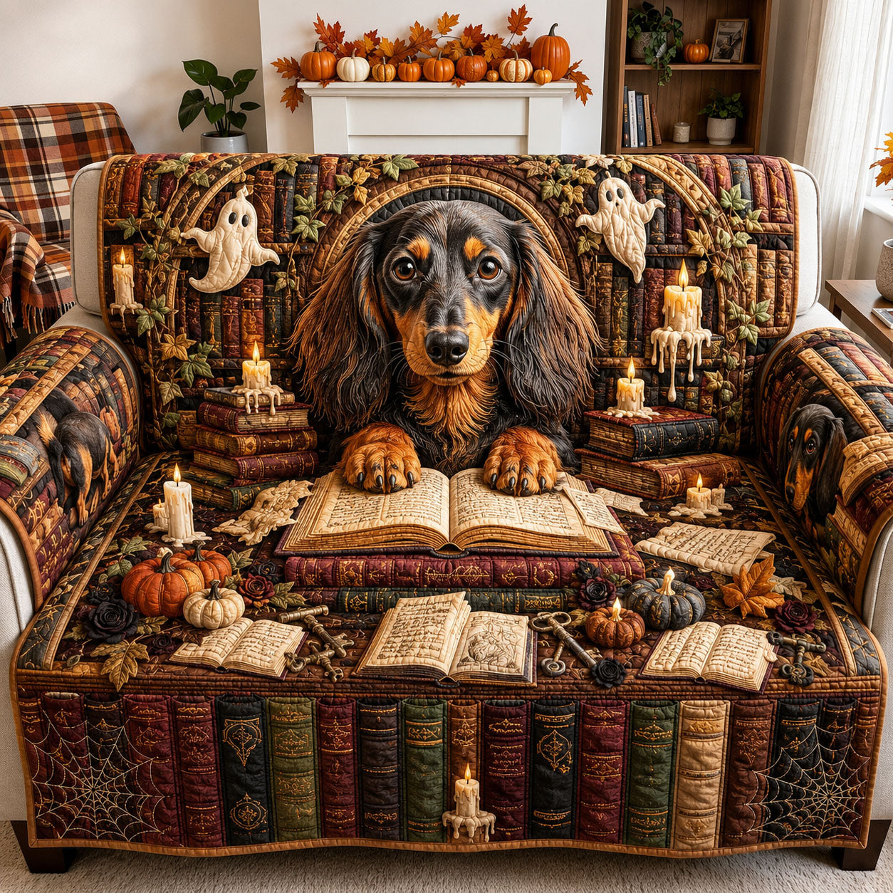 Haunted Library Hound Quilted Sofa Cover Halloween Spirit Couch Cover Unique Home Decor Finds