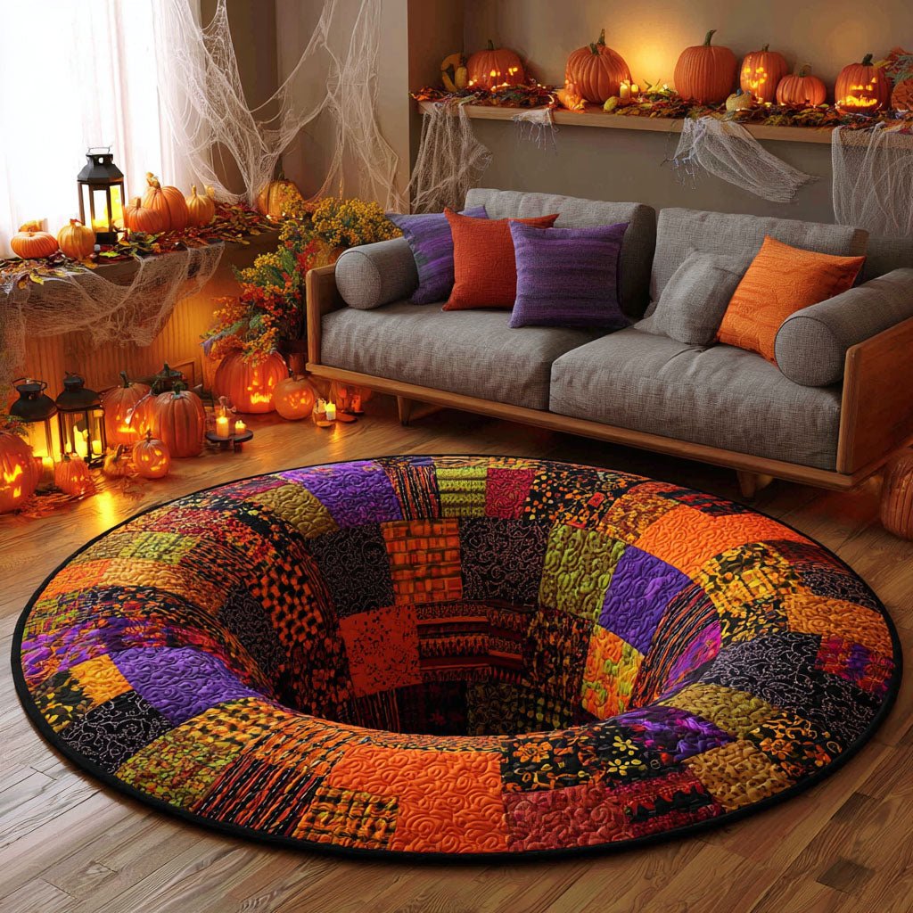 Haunted Patch Quilted Round Mat Halloween Patchwork Hole Round Rug Best Spooky Gifts Couples