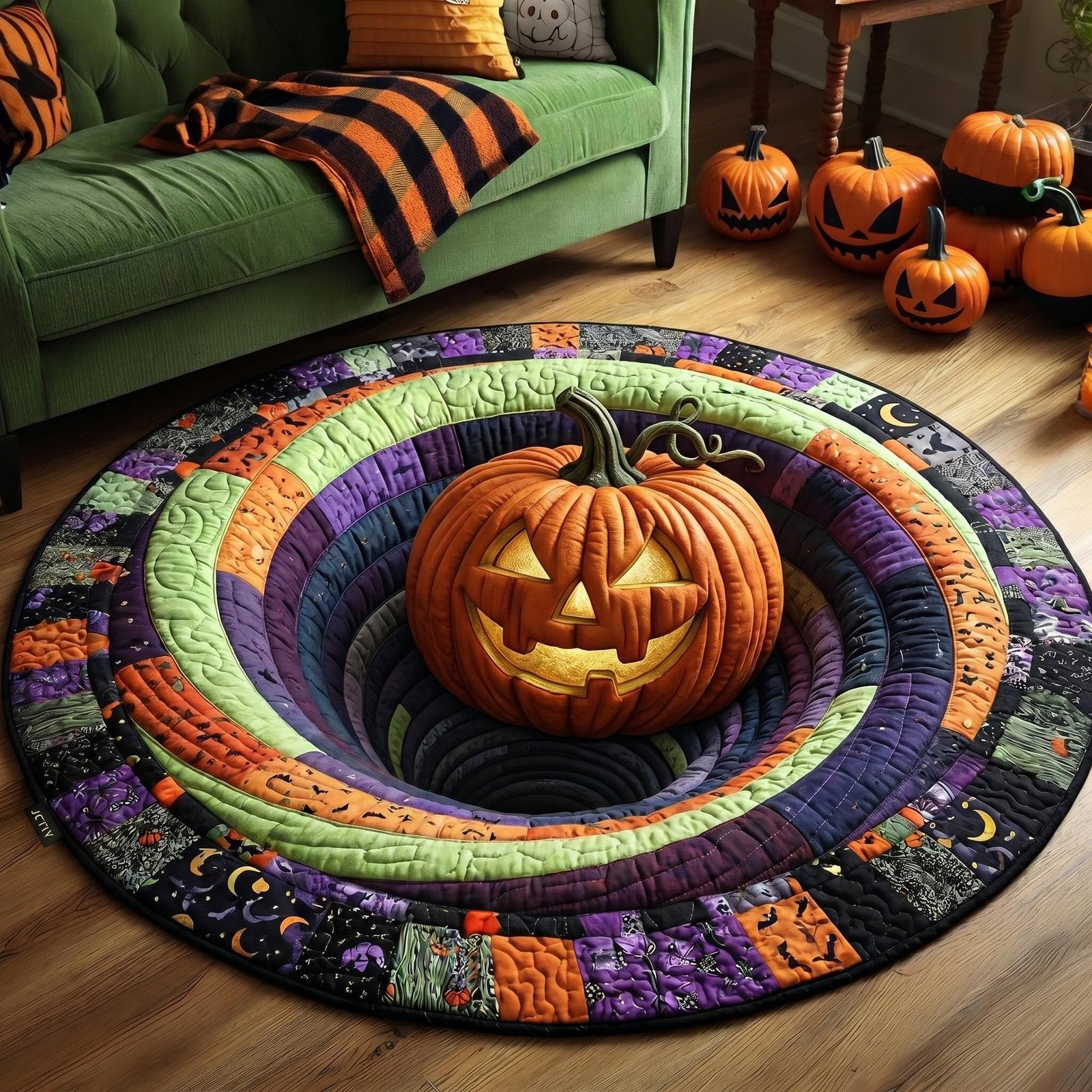 Haunted Pumpkin Halloween Quilted Round Mat Pumpkin Hole Round Rug Halloween Room Lover Gifts