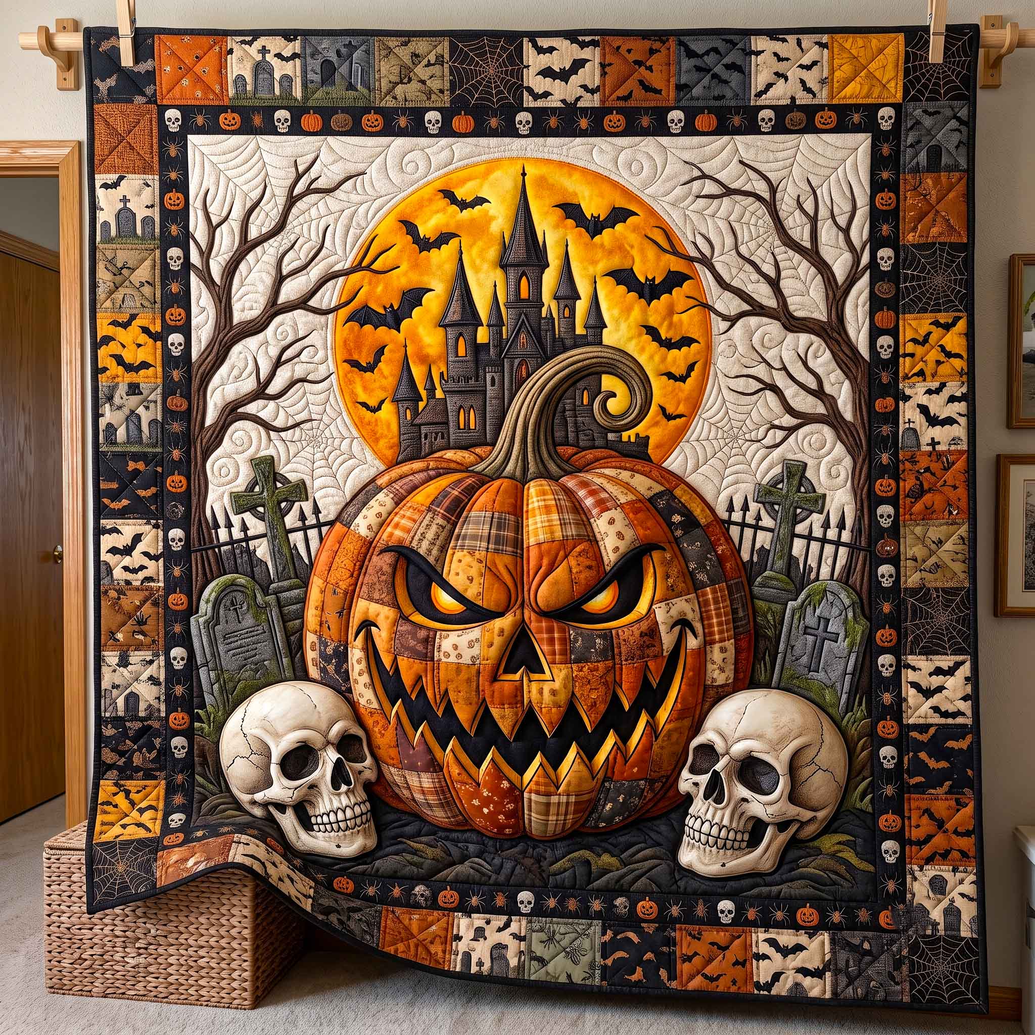 Haunted Pumpkin Quilted Blanket Jack-o-lantern Castle Merch Present For New Home
