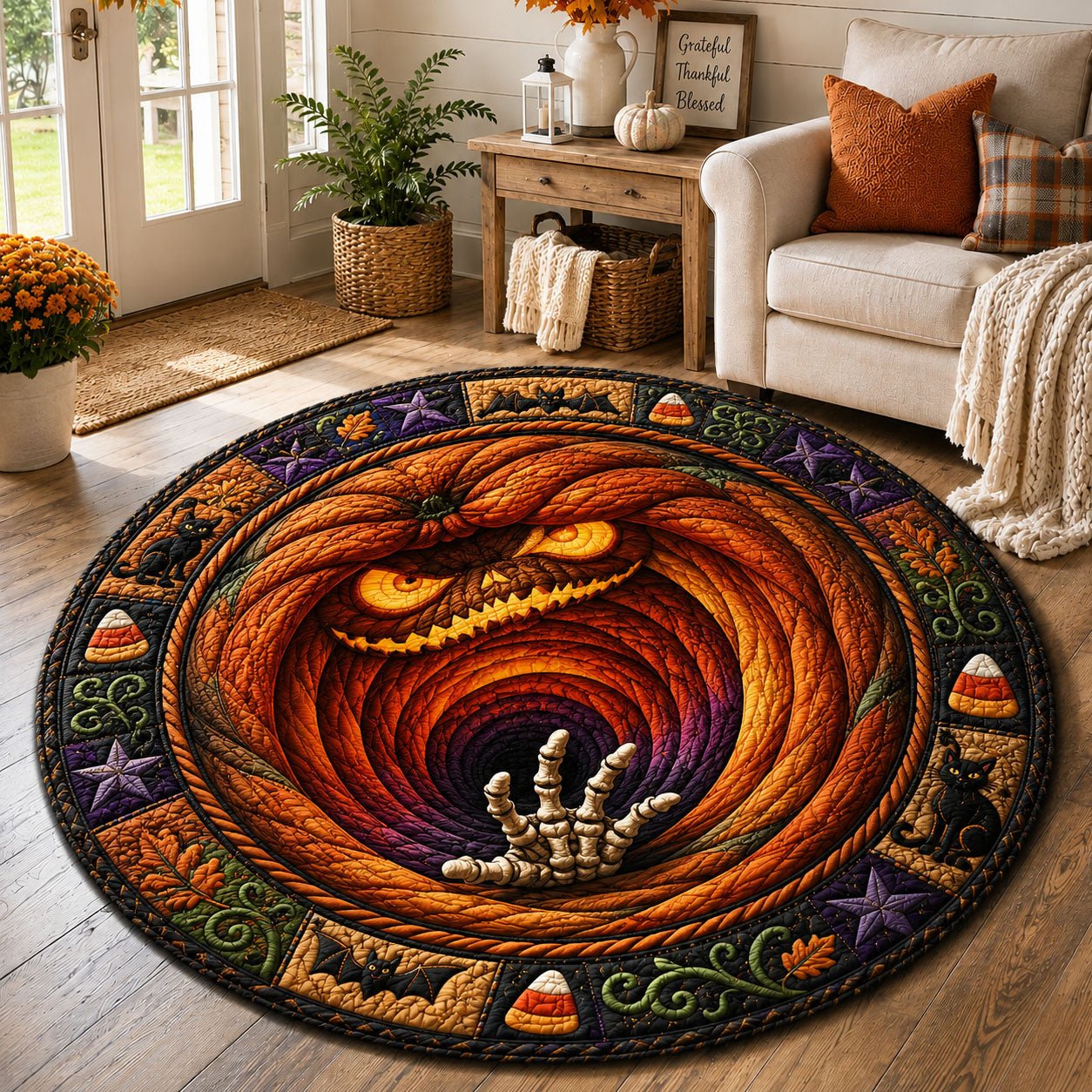 Haunted Pumpkin Vortex Halloween Quilted Round Mat Scary Pumpkin Tunnel Round Rug Gift