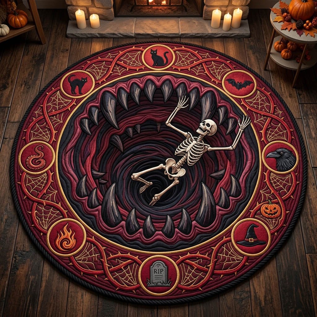 Haunted Skeleton Halloween Quilted Round Mat Skeleton In Mouth Merch Cute Spooky Gifts Friends