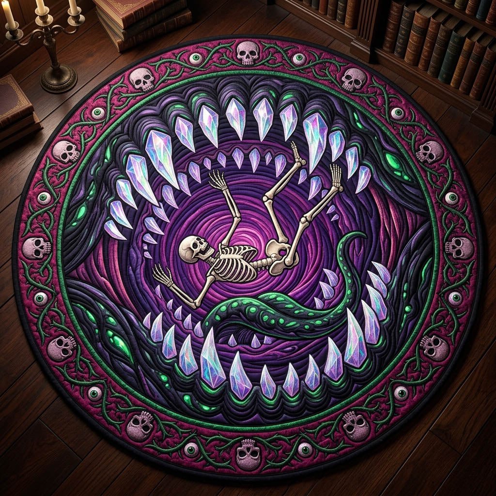 Haunted Skeleton Halloween Quilted Round Mat Skeleton In Mouth Merch Spooky Gifts For Friends