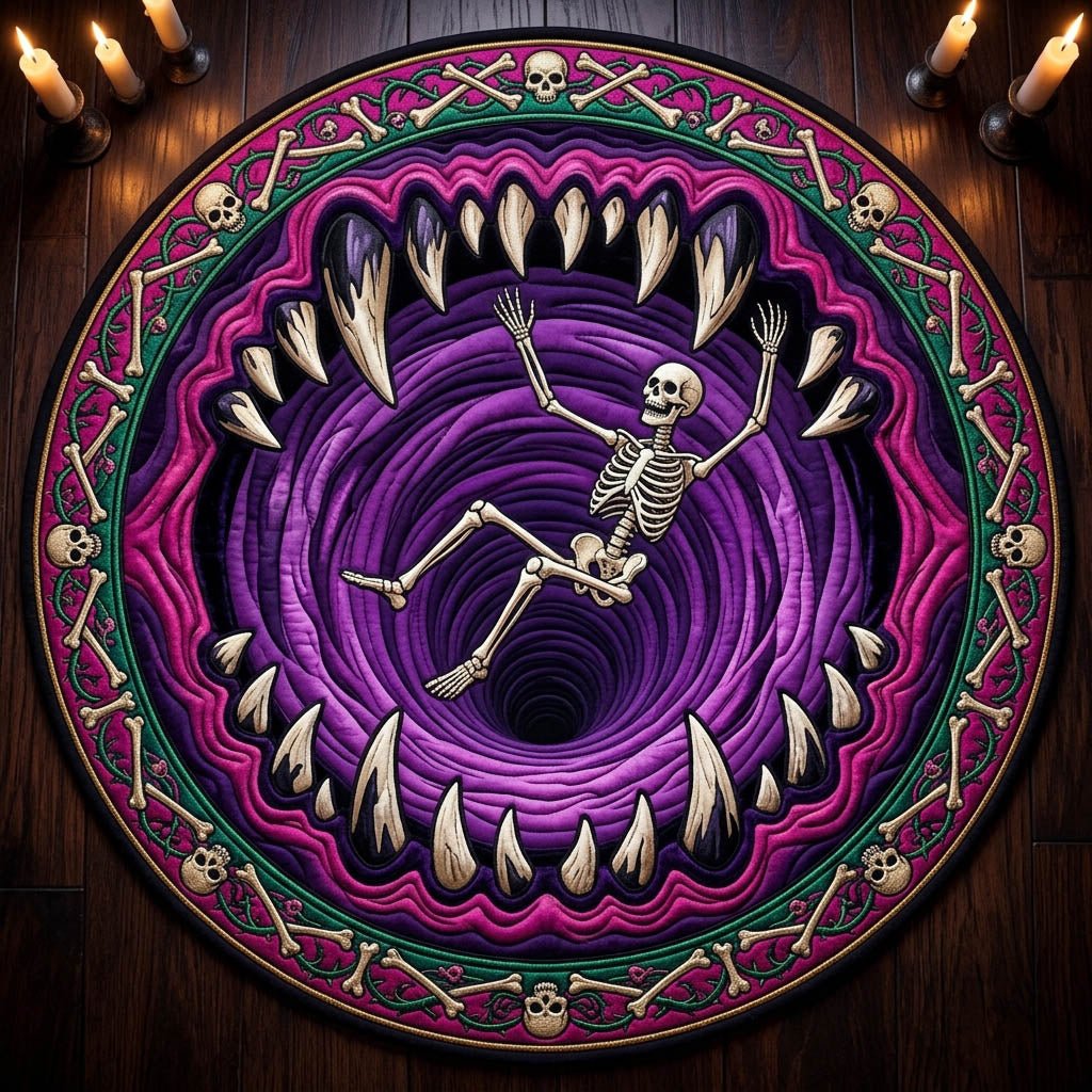 Haunted Skeleton Halloween Quilted Round Mat Skeleton Vortex Merch Cozy Halloween Decor