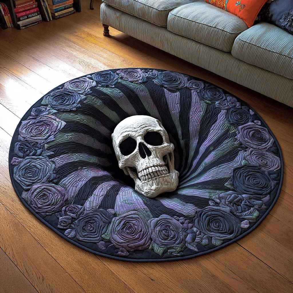 Haunted Skull Quilted Round Mat Skull Roses Round Rug Halloween Gifts For Him