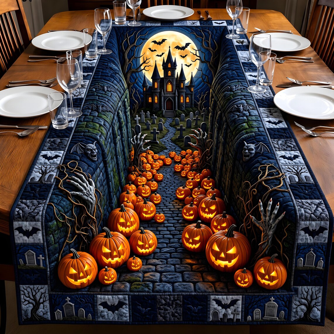 Haunted Tunnel Pumpkin Quilted Table Runner Spooky Season Merch Fall Season Decor Gift