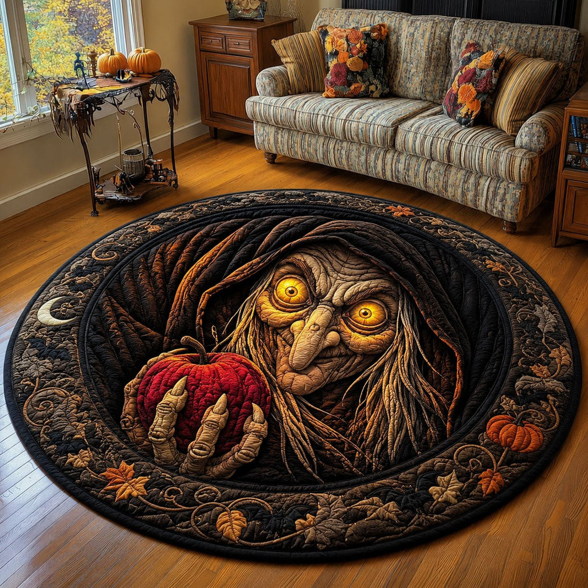 Haunted Witch Crimson Apple Halloween Quilted Round Mat Witch And Apple Round Rug