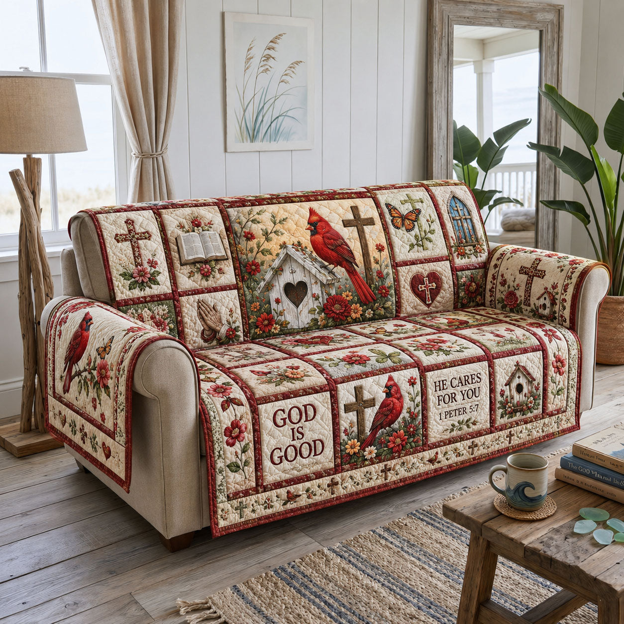 He Cares for You Cardinal Garden Quilted Sofa Cover Cardinal Garden Couch Cover Gift