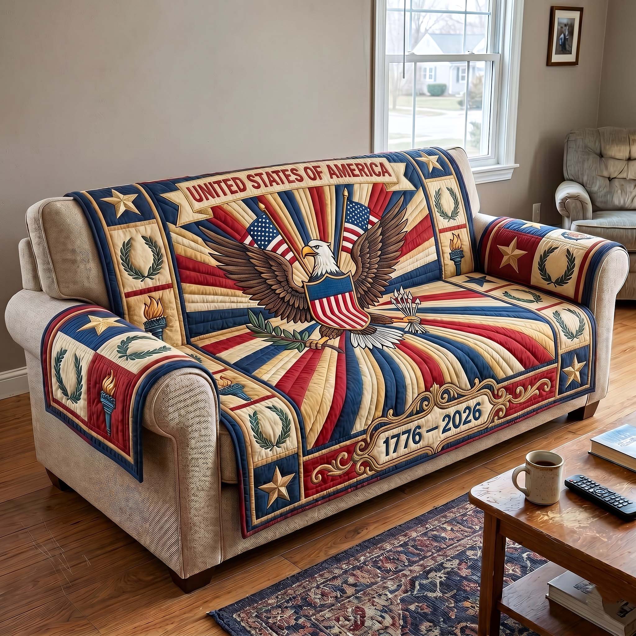 Heritage Patch Quilted Sofa Cover Country Heritage Couch Cover Room Gift For Him