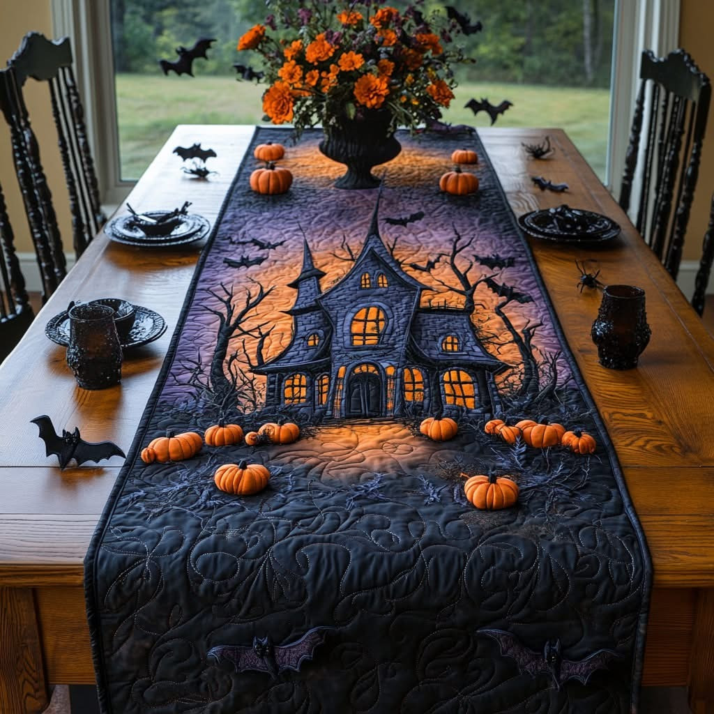 Hexed Homestead Haunted House Halloween Quilted Table Runner Halloween Decorations