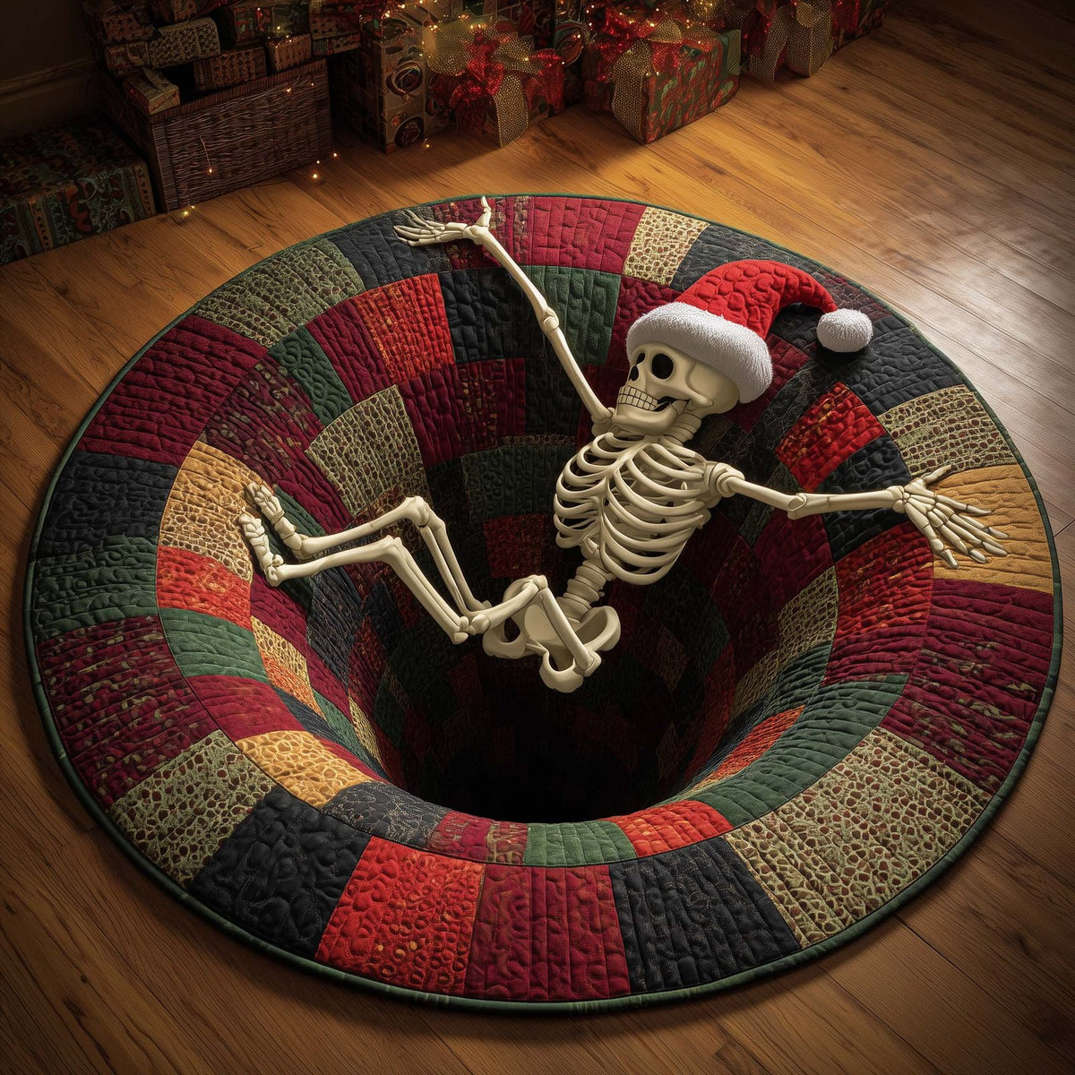Holiday Skeleton Halloween Quilted Round Mat Christmas Skeleton Merch Unique Halloween Decor