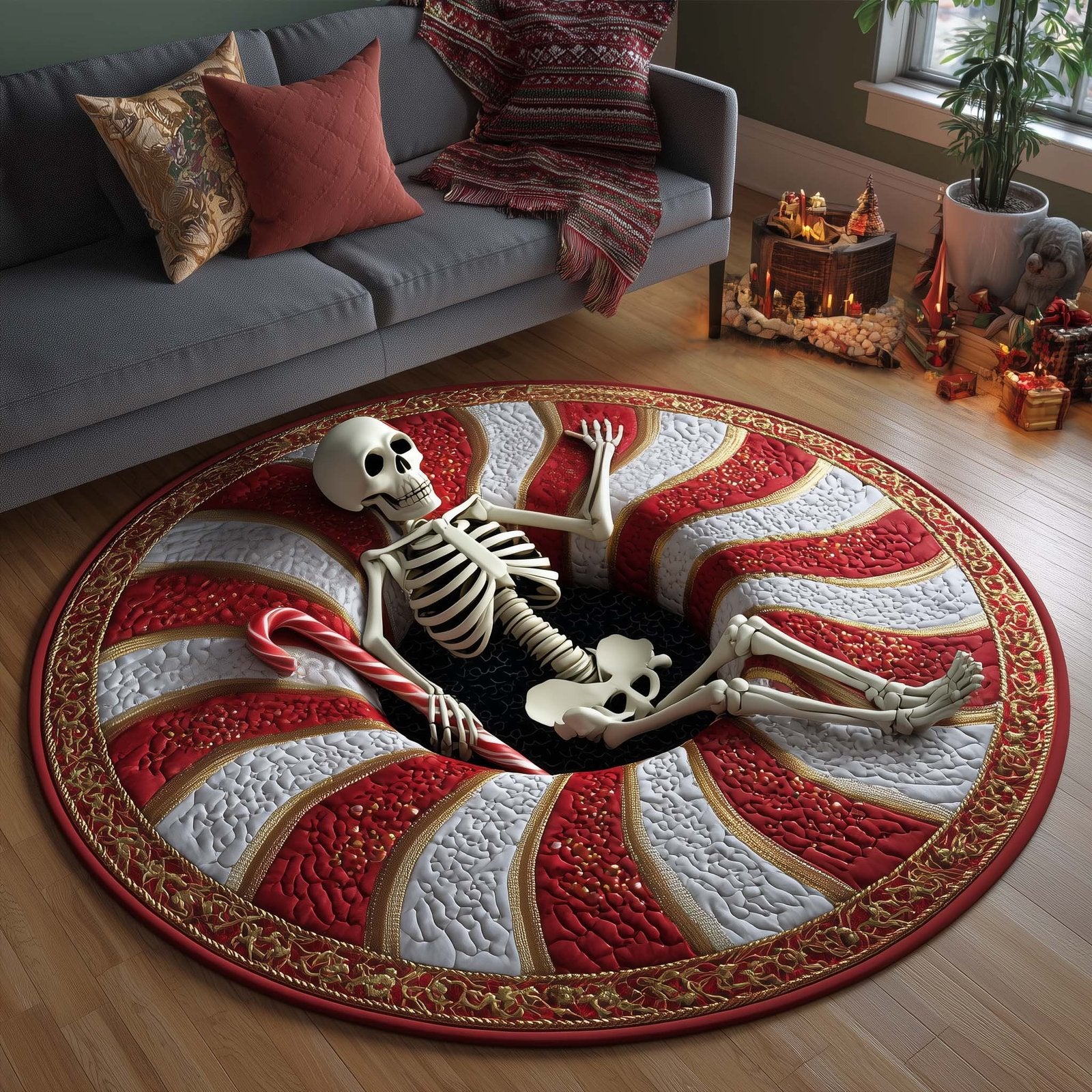 Holiday Skeleton Halloween Quilted Round Mat Skeleton Candy Cane Merch Halloween Room Gifts Her