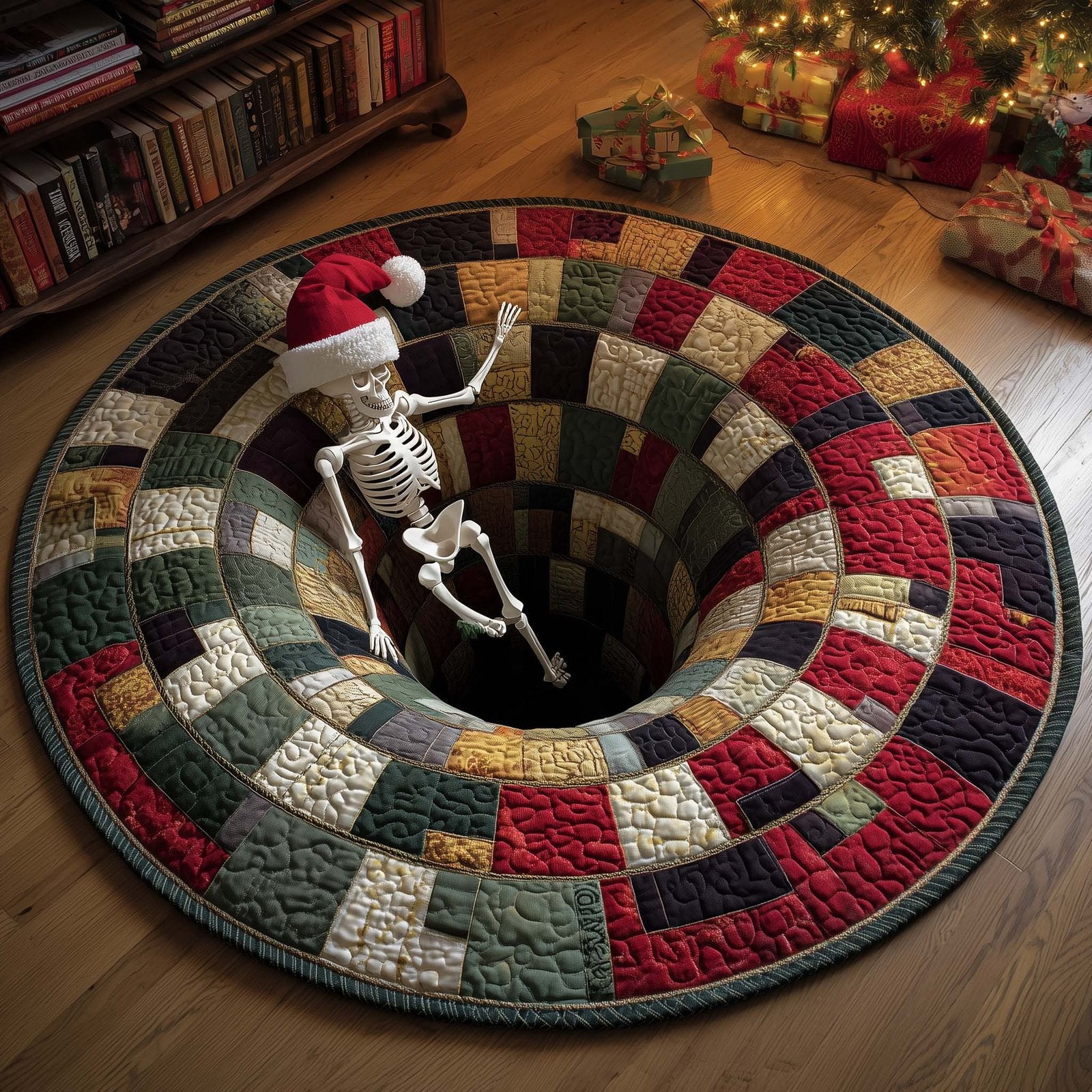 Holiday Skeleton Halloween Quilted Round Mat Skeleton Christmas Hole Round Rug Gifts For Fans